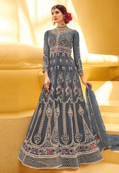 Gray net embroidered indo western lehenga choli  1646